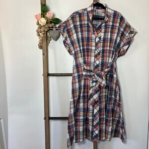 Finley‎ Newburyport Plaid Blue White Peach Shirt Dress Size Small